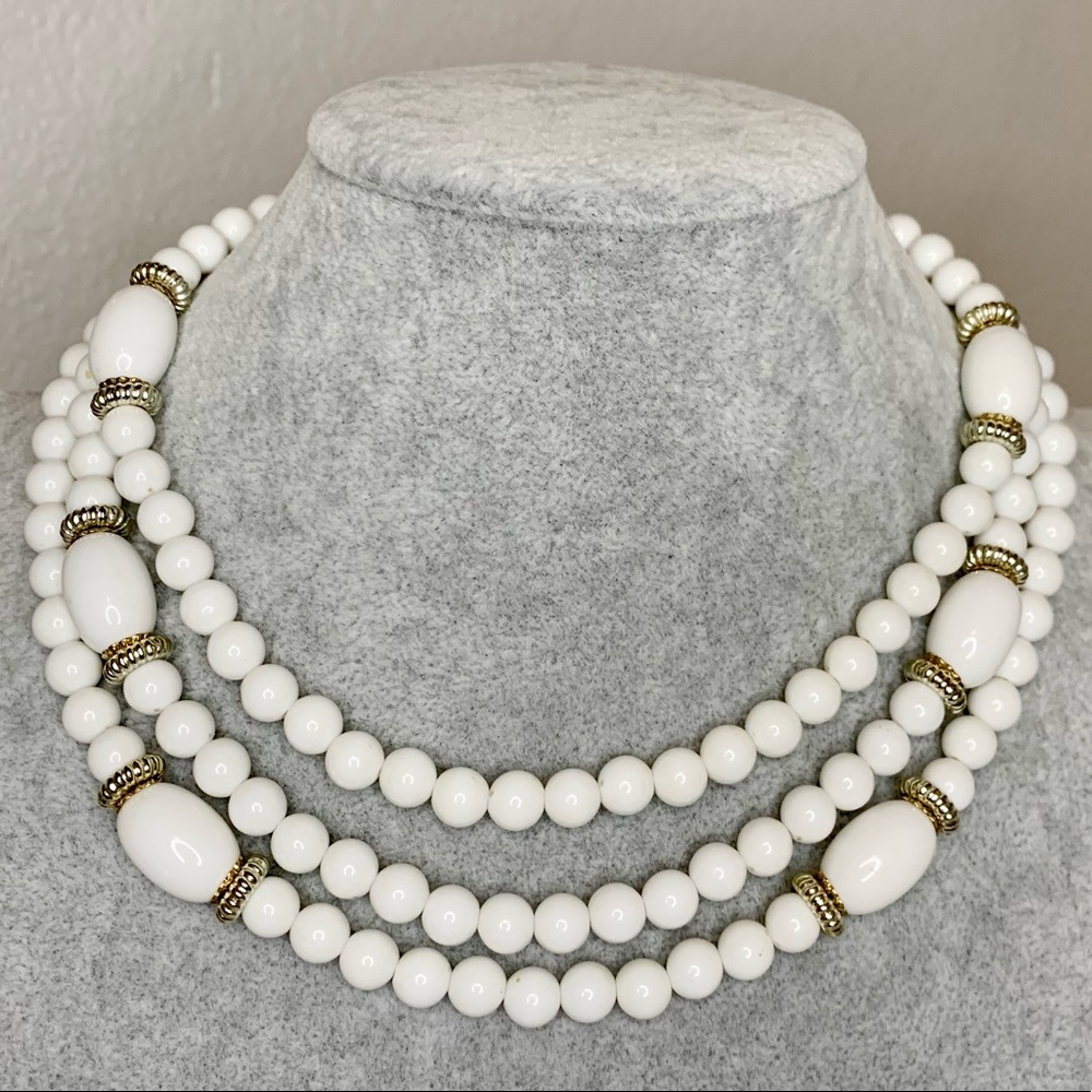 Vintage White Triple-Strand Beaded Necklace